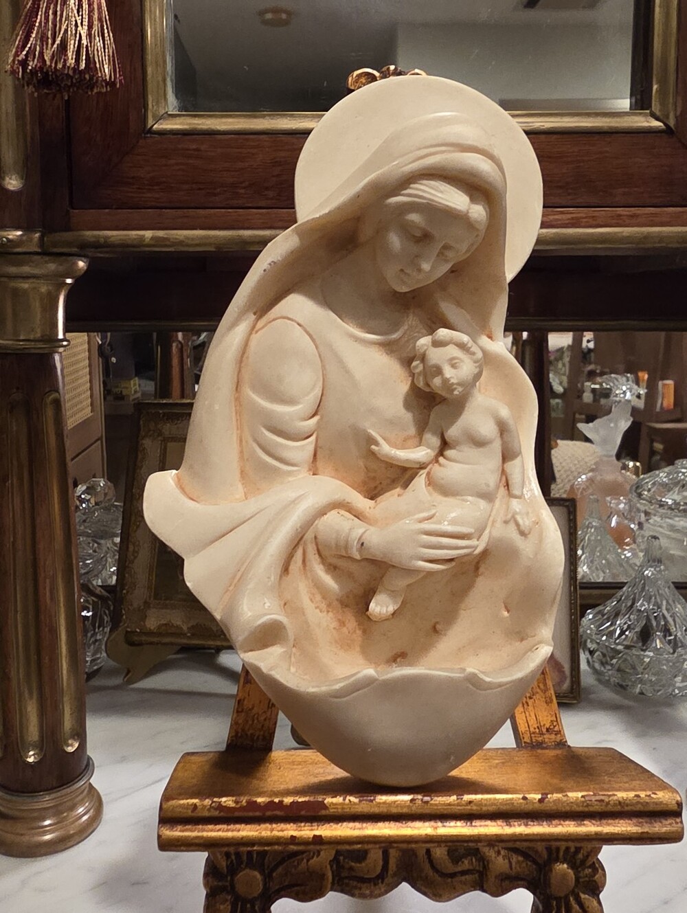 Cream Madonna and Child Sculptural Holy Water Wall Font